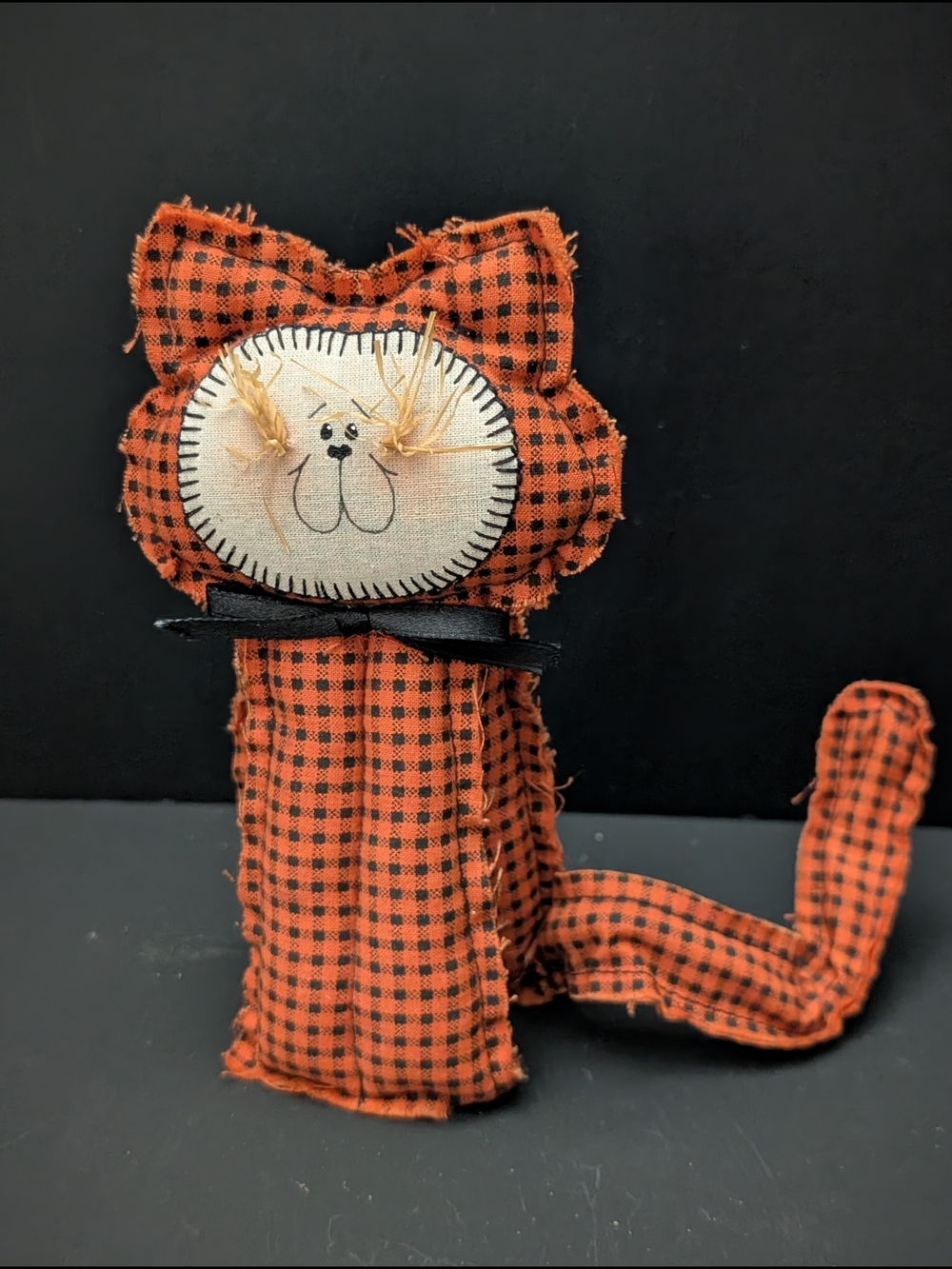 Handmade fall fabric art style cat black orange 8-2026K